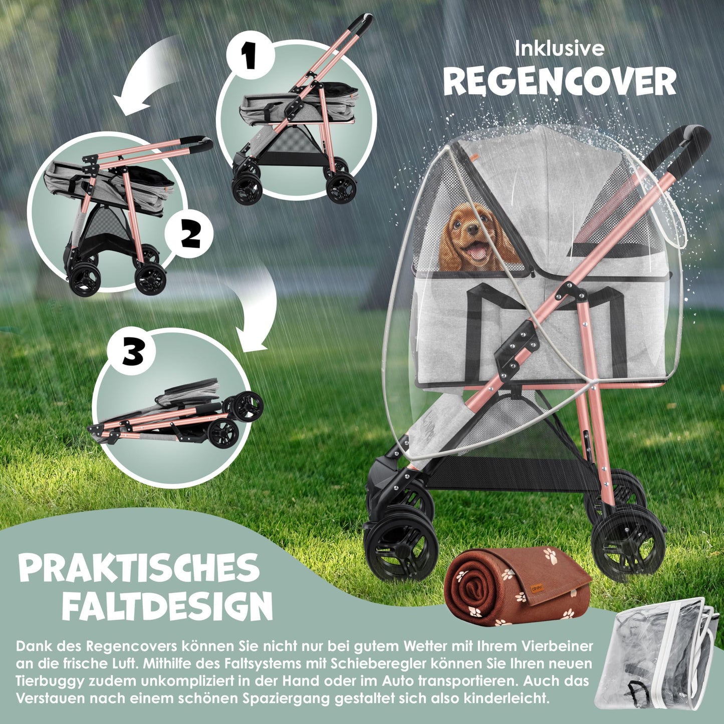 LOVPET® Dog Stroller 2in1 Dog Cart Dog Crate, Transport Bag Foldable and collapsible up to 20kg Pets Buggy with Mesh Windows, Cup Holder, Rain Cover Jogger Buggy for Pets