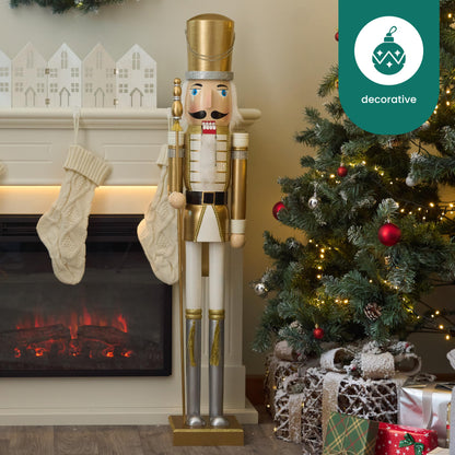 THE TWIDDLERS XXL Giant Wooden Nutcracker Soldier King, 120cm in Gold & White, High-quality handcrafted pine wood, Traditional ornament, Christmas decoration with movable parts