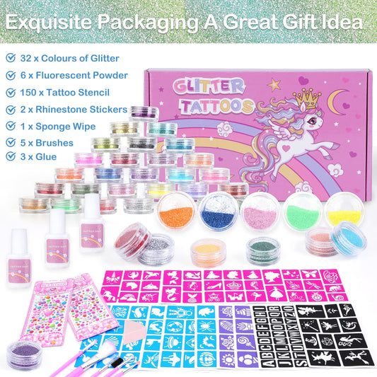 Highttoy Glitter Tattoo Set for Girls, 38 Colors Unicorn Glow Temporary Glitter Tattoos for Kids, 150 Stencils, 5 Brushes, 3 Glues, 2 Glitter Stickers, 1 Sponge Cloth Gift for Birthday Party.
