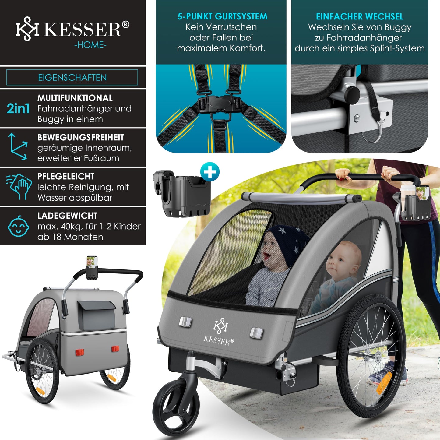 KESSER® child bicycle trailer Sport-RX 2in1 jogger & buggy with 5-point harness, safety belt, 360° front wheel, reflectors, suitable for 1-2 children (max. 40 kg), with cup holder & smartphone compartment.