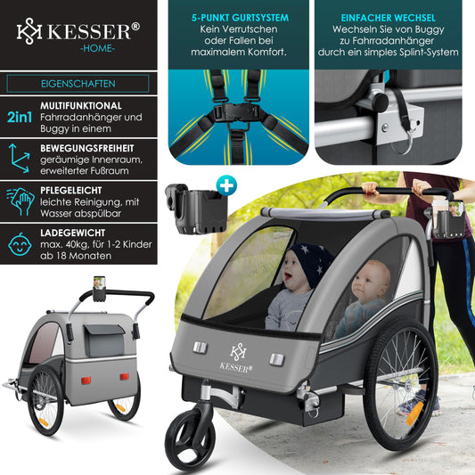 KESSER® child bicycle trailer Sport-RX 2in1 jogger & buggy with 5-point harness, safety belt, 360° front wheel, reflectors, suitable for 1-2 children (max. 40 kg), with cup holder & smartphone compartment.