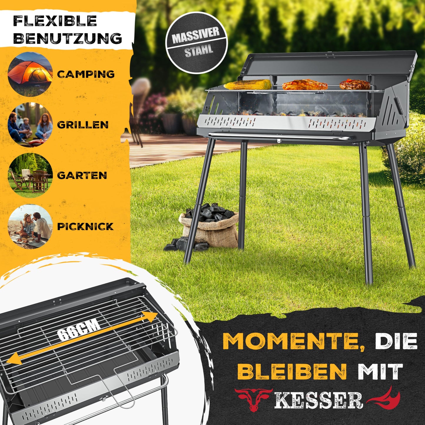 KESSER® Folding Grill portable Camping Grill with stand | Charcoal grill made of powder-coated steel including grill grate, grill mat & carrying bag | Foldable BBQ ideal for camping, picnics & fishing