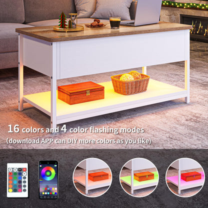 YITAHOME coffee table with adjustable height top, extendable hidden storage, side table for living room, office, with power strip and LED light strip.