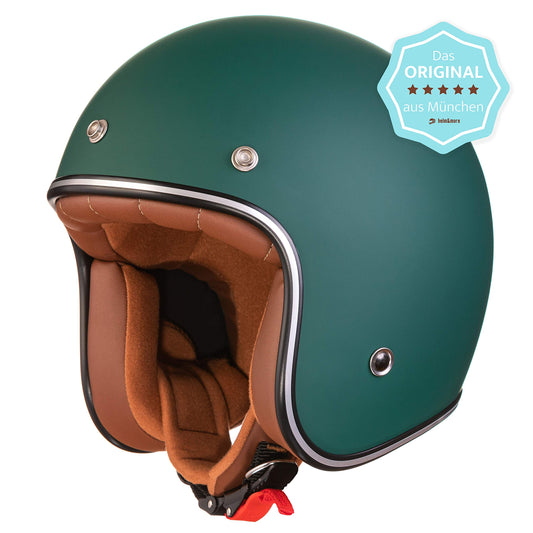 Miss Irmi Retro Vespa helmet, jet helmet with sun visor, scooter helmet for women and men in elegant vintage look, quality according to ECE standard, dark green matte.