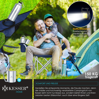 KESSER® camping chair foldable up to 150 kg angling chair folding chair padded with armrests, high backrest beach chair, folding stool including camping light drinks holder bag & cup navy blue
