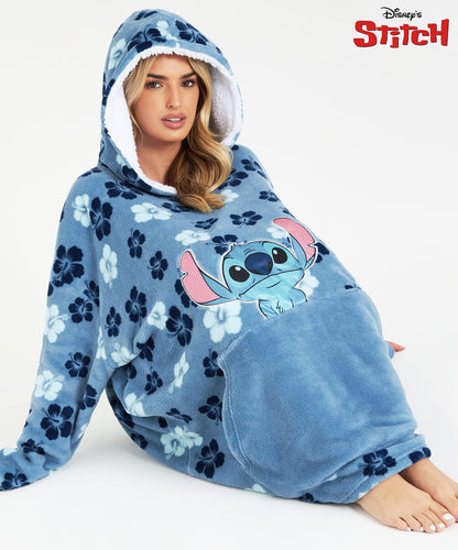 Disney Stitch Hoodie for Women Oversized Hoodie Blanket with Sleeves Sherpa Soft Warm and Cozy Gifts for Women Teenagers (Blue Flowers Stitch)