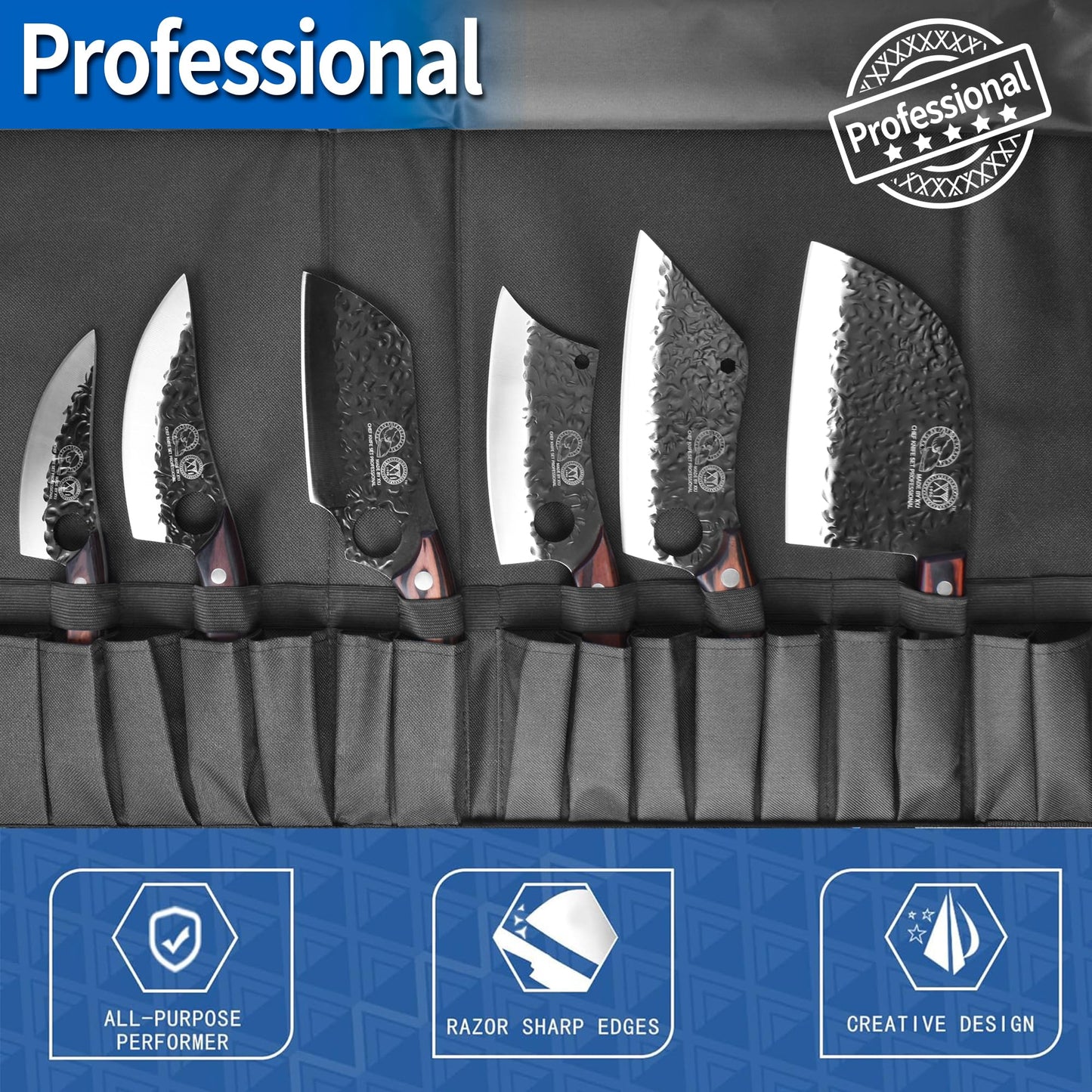 XYJ Full Tang Camping Knife Set Chinese Butcher Knife Vegetable Cook Knife Slicing Boning Knife with Leather Knife Handles & Roll Bag and Kitchen Tools Gifts for Women Men Gifts