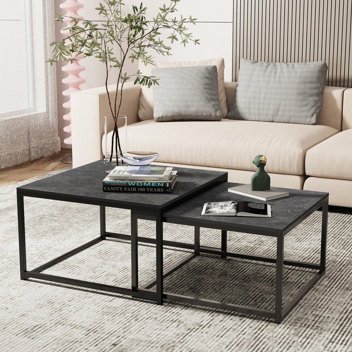 FATIVO Coffee Table Black Marble Living Room Table: set of 2 side tables modern square with metal frame for large living room: 65×65×40cm small: 60×60×34cm