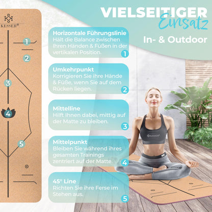 KESSER® Cork Yoga Mat with Carry Strap Bag & Yoga Block Gymnastic Mat Yoga Mat Non-Slip Natural Rubber TPE Fitness Mat, 183 x 62 Exercise Mat for Fitness Sports Mat, Gymnastics extra thick
