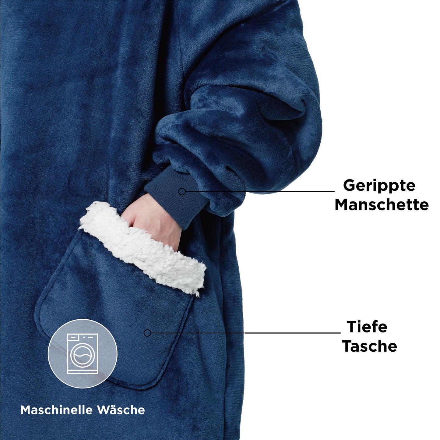 BEDSURE Hoodie Blanket with Sleeves and Hood - Sherpa Sleeve Blanket Sweatshirt for Women, Blue, 110x90cm.