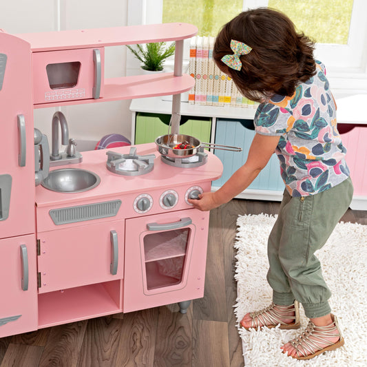KidKraft Pink Vintage Wooden Play Kitchen with Kids Phone, Children's Kitchen with Retro Refrigerator, Toy for 3 years and older, 53179