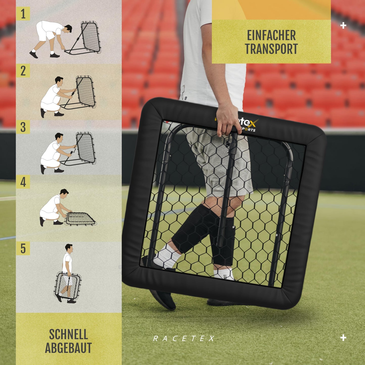 Racetex Rebounder for soccer 100x100 cm [WITH Cover] - Soccer Rebounder with durable construction - Continuously adjustable - Soccer for shooting, passing, and ball reception training (Black).
