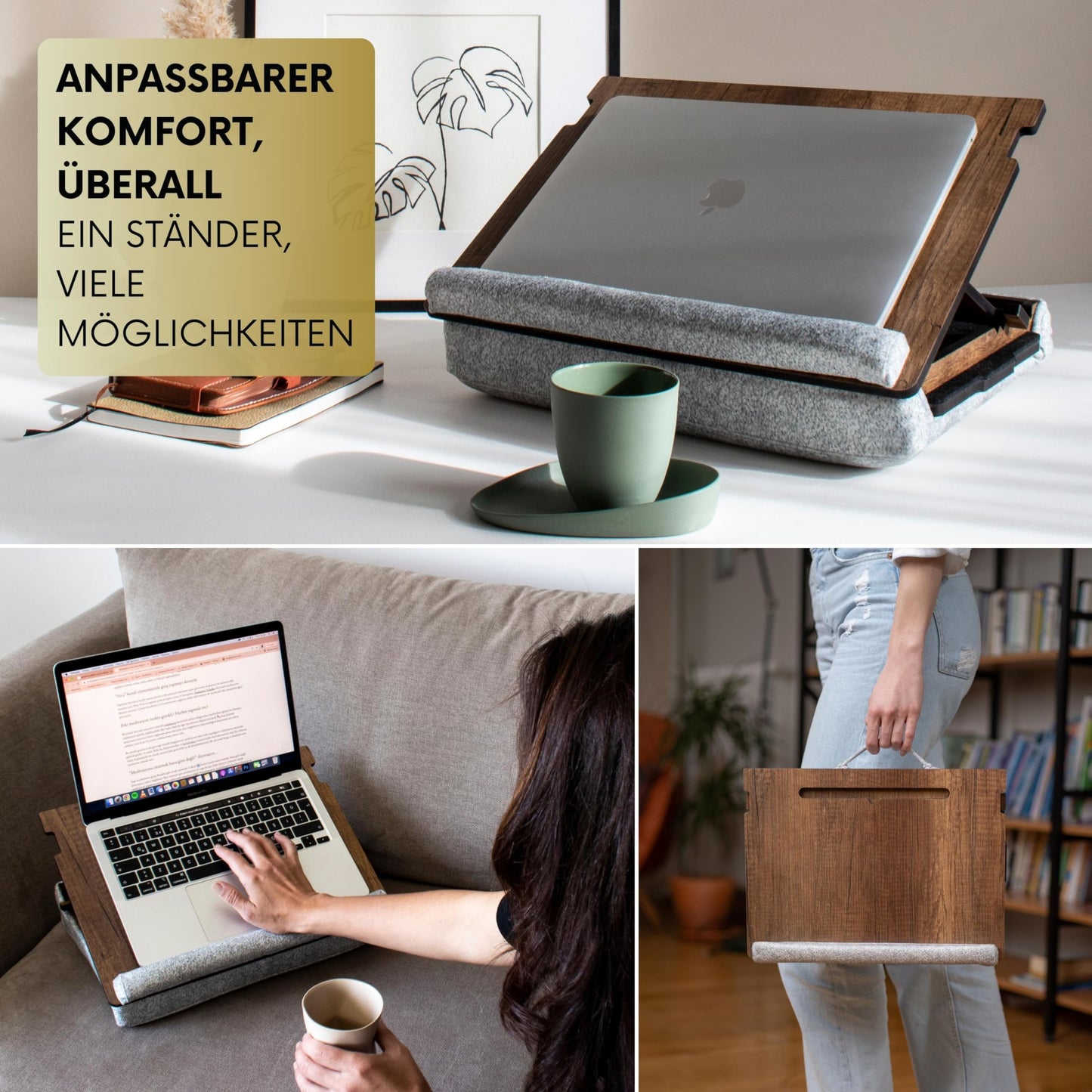 Vigo Wood Laptop Cushion - Lap tray with pillow, laptop table for sofa, Lap desk, Adjustable stand for bed, Tray (Walnut)