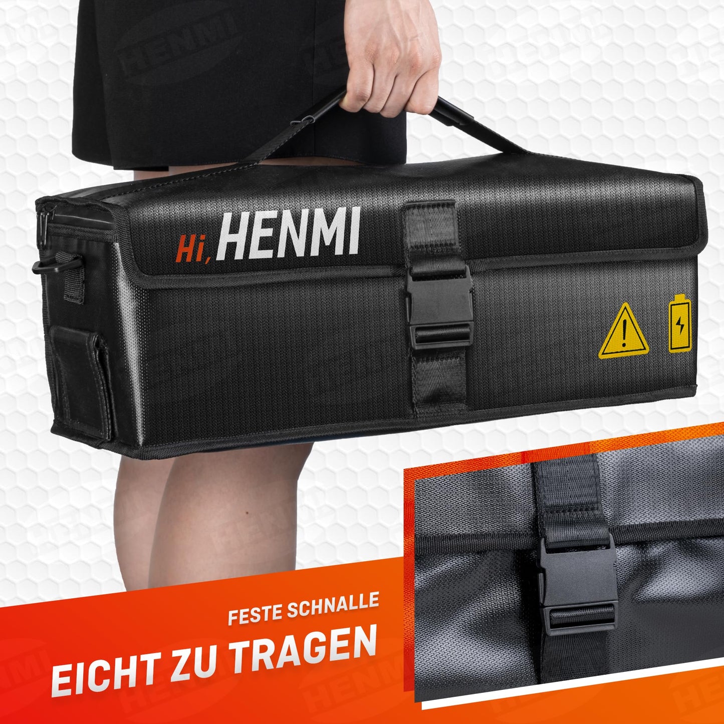 HENMI Ebike battery bag, 1000°C fireproof for safe storage, transportation, charging, 41 x 13 x 12 cm.