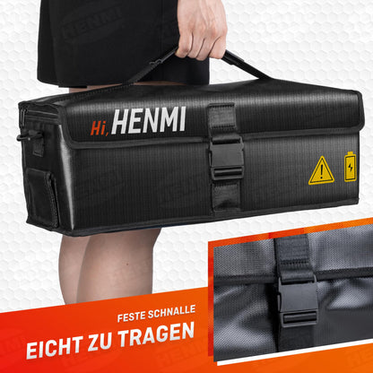 HENMI Ebike battery bag, 1000°C fireproof for safe storage, transportation, charging, 41 x 13 x 12 cm.