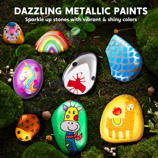 JOYIN 10pcs Rock Painting Kit for Kids with 18 Colors (Standard Metallic colors, Stickers, Glitter glue) Creative Stone Painting, Craft Kit Rock Painting Set Gift Girls 6-12 Years