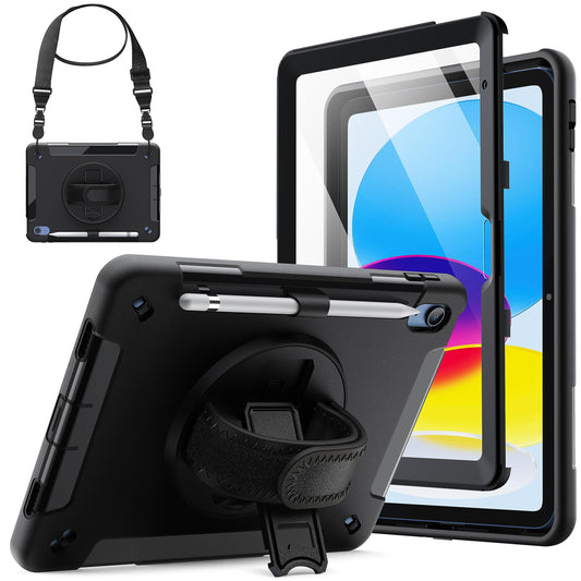JETech case for iPad (A16) 11th/10th generation (2025/2022) with built-in screen protector, shockproof rugged cover, 360 degree rotatable hand strap stand (Black)