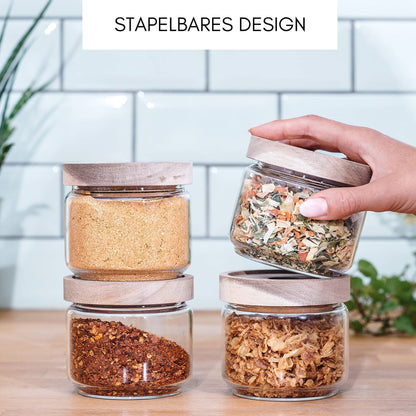 Econovo® storage jars with lid 300ml (4 pieces), glass containers with lid set, glass storage jars for storing muesli, pasta, coffee, storage jars with wooden lid.