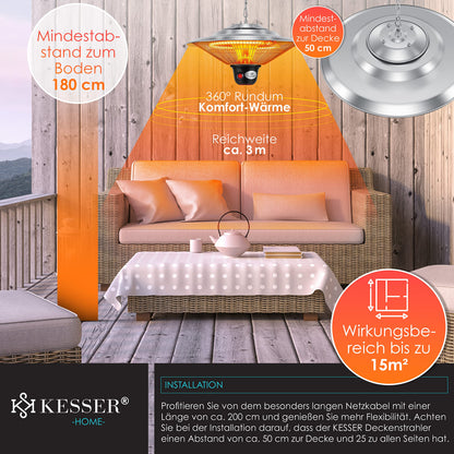 KESSER® Ceiling Heater ✓ Patio Heater ✓ Heat Lamp ✓ Outdoor Heater | Infrared | Ceiling-Mounted | Heater | Infrared Heater | Patio Heater | Quartz Heater | Power: 1500W with Remote Control