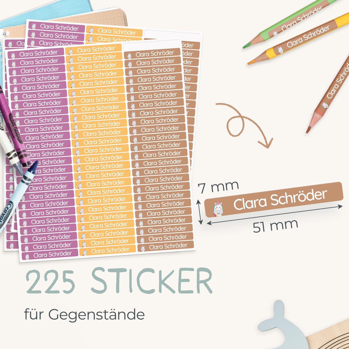 melu kids® personalized name stickers for school & daycare (225 pieces) - Waterproof labels with names for pens and all school supplies - Dishwasher safe (color mix)