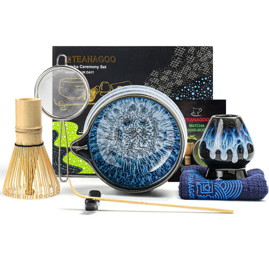 TEANAGOO Matcha Set, Matcha Whisk, Matcha Bowl with Spout (Chawan), Junware-Blue, Matcha Tea Set for Breakfast/Latte, Gift for Matcha Lovers, Matcha Whisk and Bowl with all accessories.