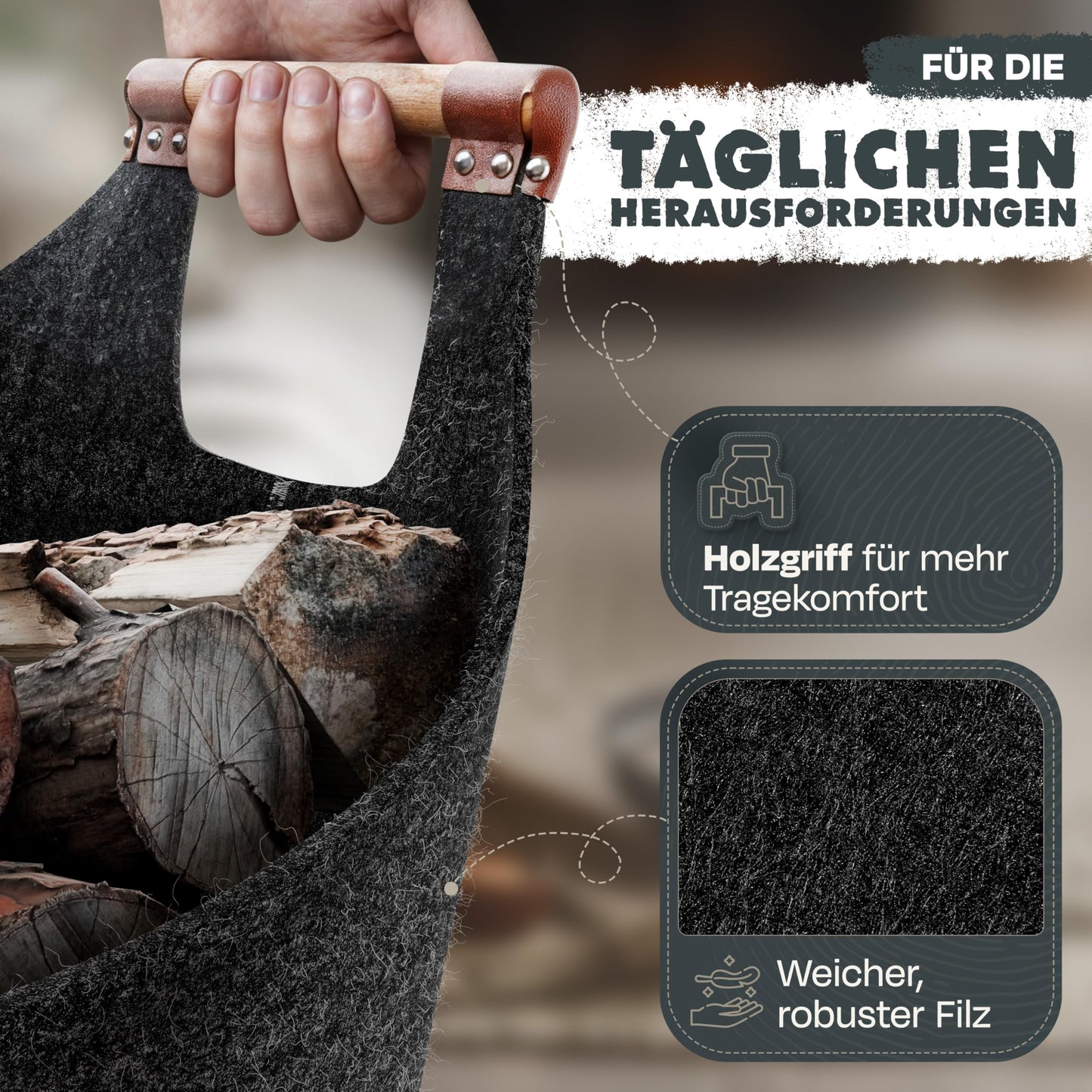 Xcelenze - XXL wooden basket for fireplace logs with wooden handle felt basket extra thick felt fireplace log basket felt bag foldable also as shopping basket car & storage basket for wood newspaper (dark gray)