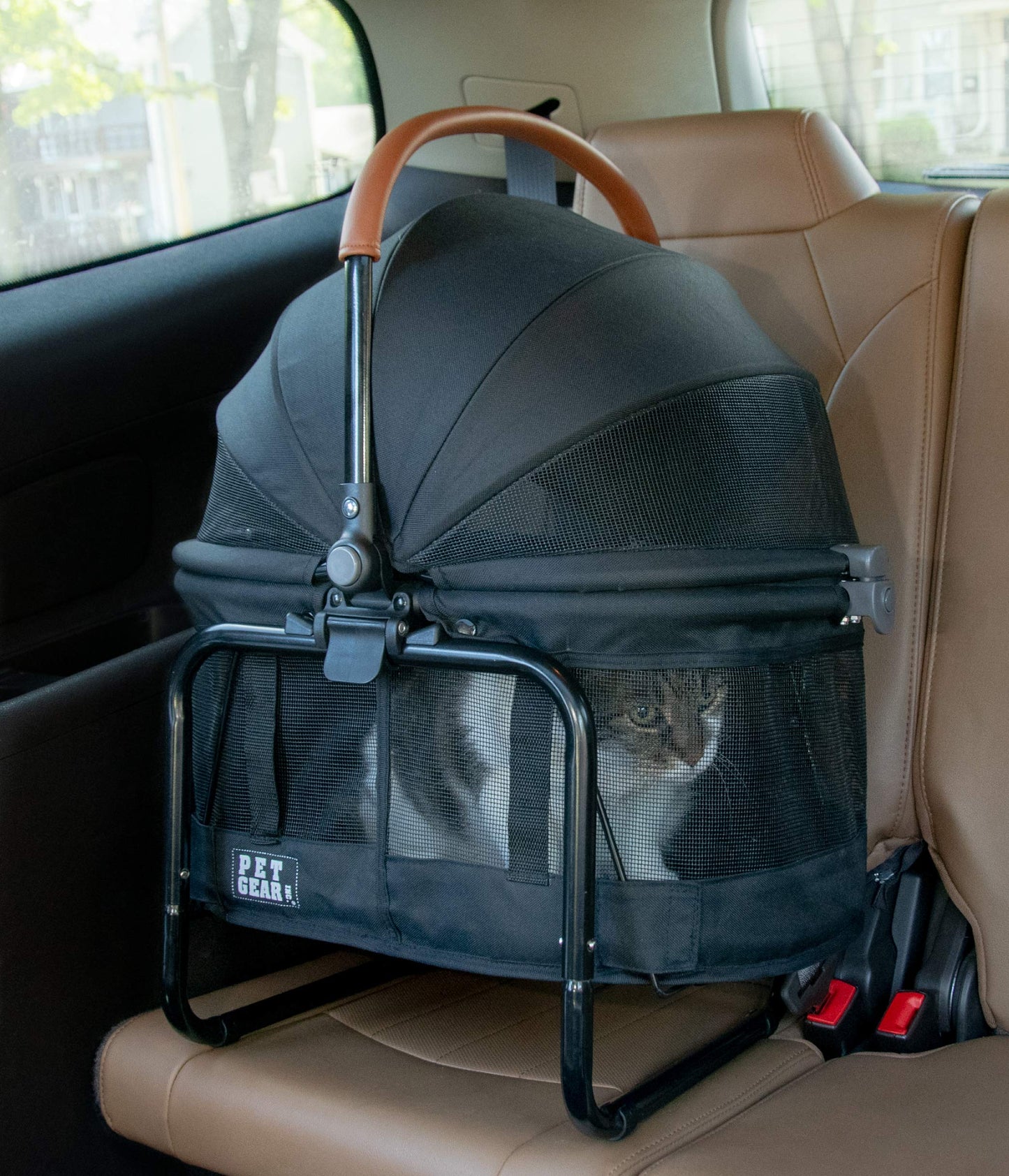 Pet Gear View 360 Pet Carrier & Car Seat with booster seat frame for small dogs & cats, mesh ventilation, snap-on operation, no tools required.
