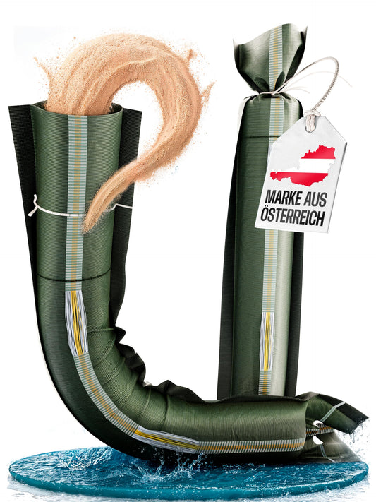 20x sandbags suitable for flood protection, 25cm x 100cm with handles, drawstring, and carrying straps. Ideal for filling with sand, made of UV-resistant high-quality monofilament fabric.