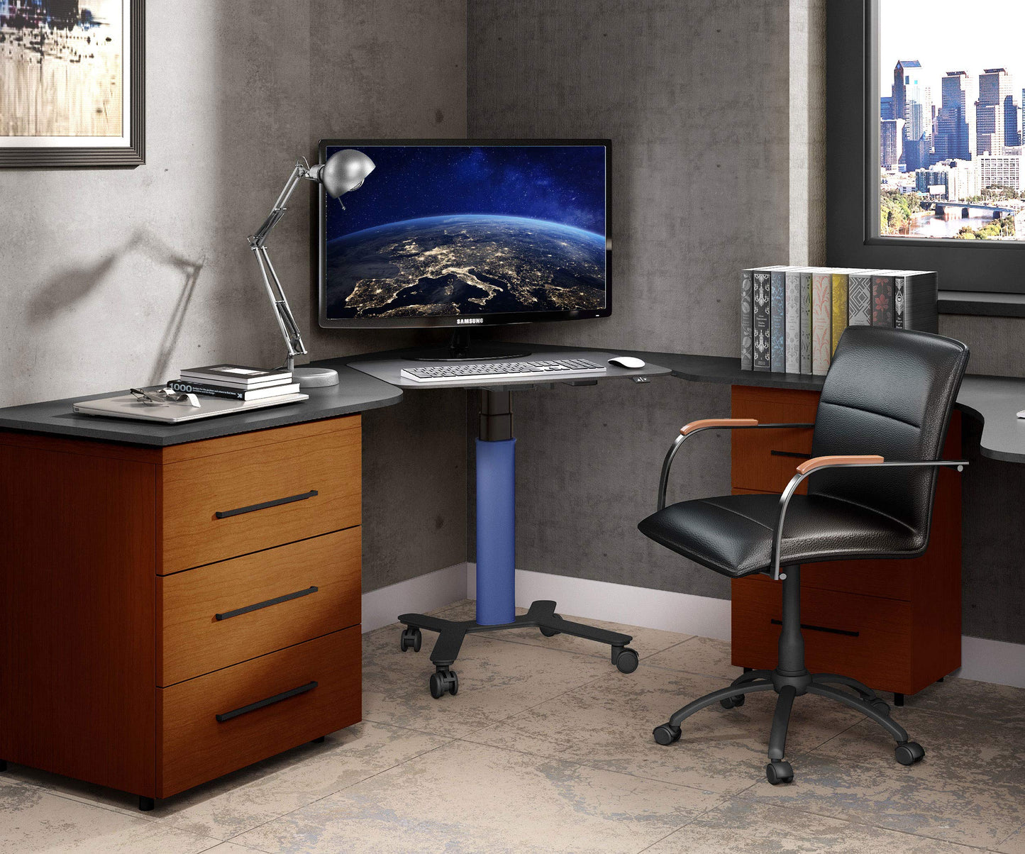 ESMART EAX-131 BB 90 x 60 cm Blue Ergonomic Standing-Sitting Desk Electrically height-adjustable from 65-130 cm Mobile standing desk on wheels