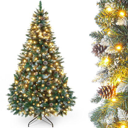 Yorbay artificial Christmas tree with lighting and white snow, LED pine tree for Christmas decoration with real pine cones, fire-resistant (180CM)