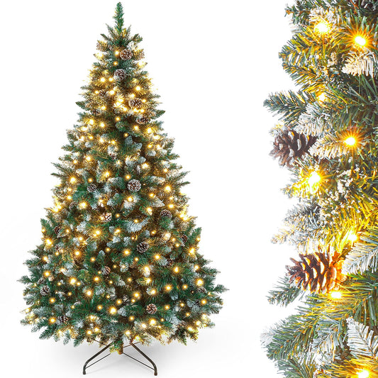 Yorbay artificial Christmas tree with lighting and white snow, LED pine tree for Christmas decoration with real pine cones, fire-resistant (180CM)