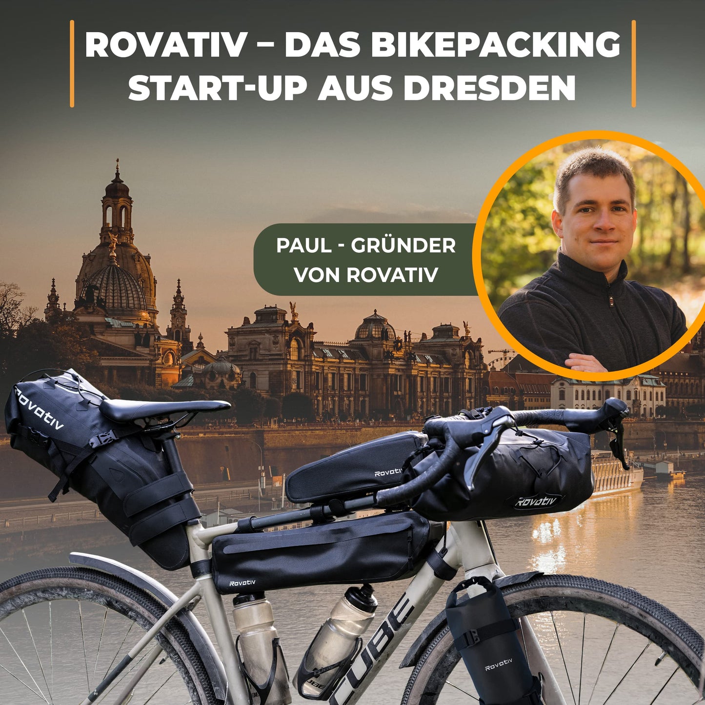 Rovativ® bolt-on bikepacking top tube bag [1 liter] 100% waterproof - frame bag for gravel bike, road bike, and MTB.