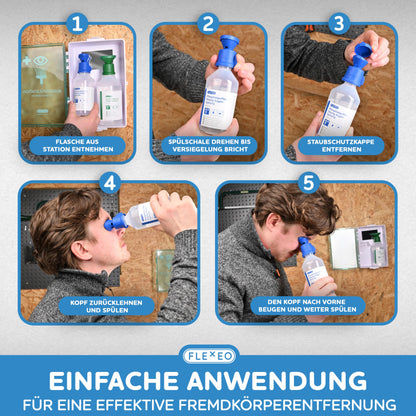 FLEXEO Eye wash station incl. (1x 500 ml NaCl saline solution + 1x 250 ml phosphate buffer solution) with wall mount – eye flushing – eye shower – sterile NaCl eye wash solution – pH-neutral