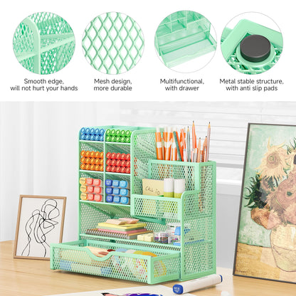 VITVITI Desk Organizer, 10 Compartments Pen Holder with Drawer, Metal Mesh Pen Stand, Desk Pen Holder for School Home Office (Green)