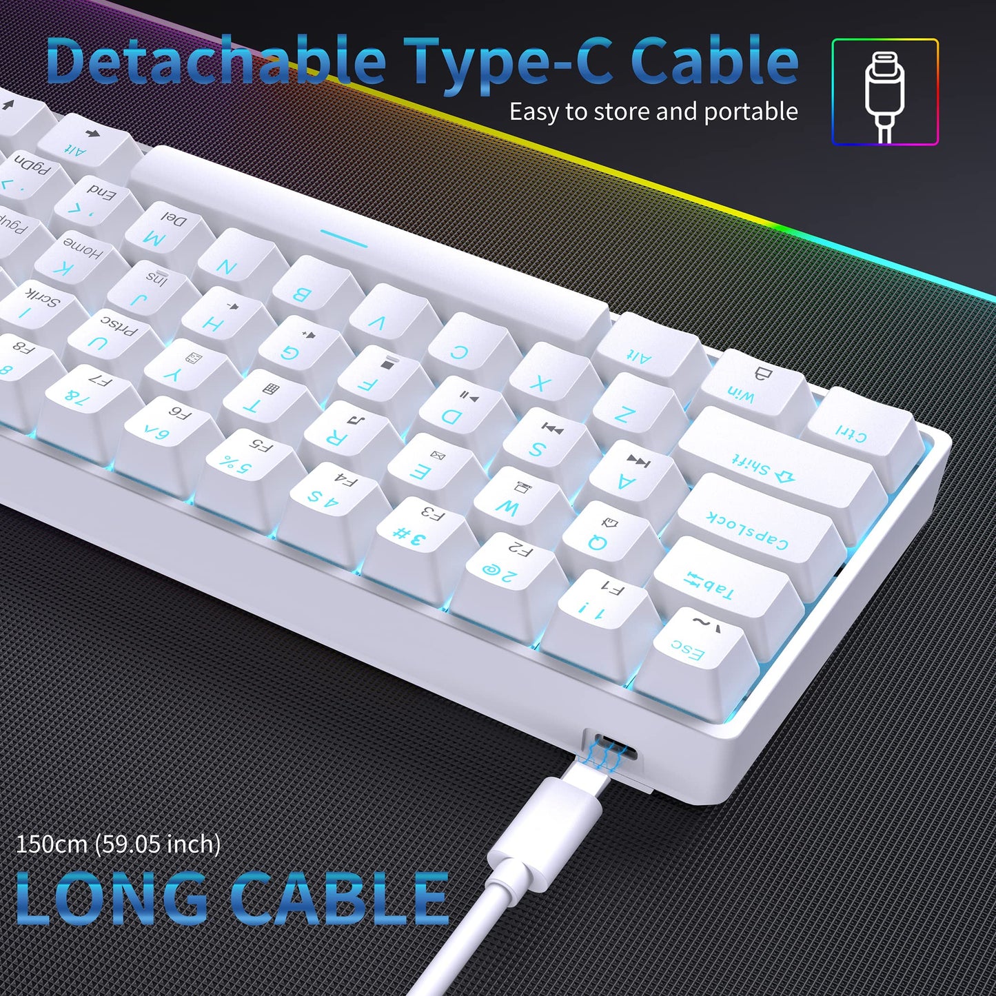 Dierya DK61se Gaming Keyboard, 60% Mechanical Keyboard with Red Linear Switch, Ultra-Compact Mini 61 Keys Anti-Ghosting, Typ-C Data Cable, US Layout for PC Windows Gamer Typist, White