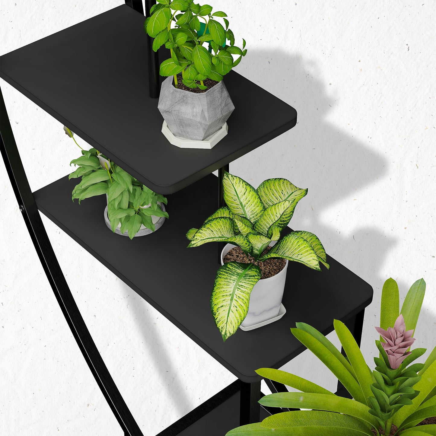 Rebel 5-tier metal plant stand in half-moon shape 172cm tall, plant shelf with 5 shelves & hooks, high flower stand plant ladder with tip protection for balcony living room patio (2 pieces, black)