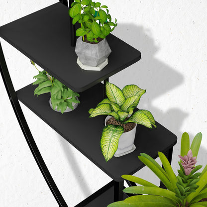 Rebel 5-tier metal plant stand in half-moon shape 172cm tall, plant shelf with 5 shelves & hooks, high flower stand plant ladder with tip protection for balcony living room patio (2 pieces, black)