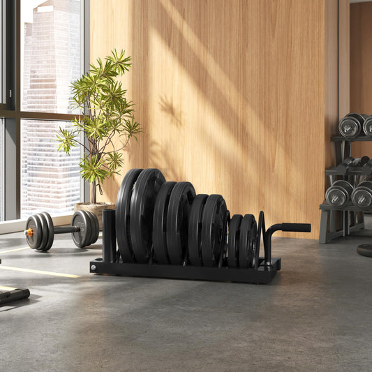 Yaheetech weight plate storage rack with 4 slots and 2 barbell holders on wheels. Supports up to 300 lbs of weight.