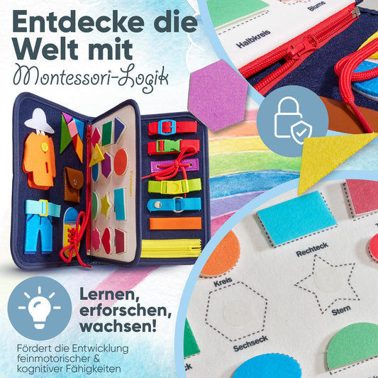AnToniMahoni Montessori Busy Board German toy for 1 2 3 4 year olds, Activity Board motor skills toy, gift for boys girls, baby educational toy basic skills, motor skills game for travel