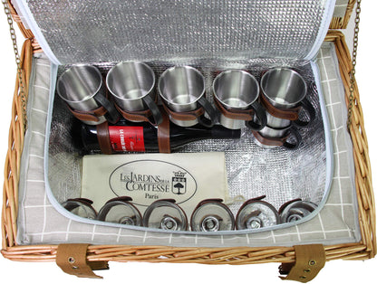 The Countess's Gardens - Picnic basket in wicker Concorde for 6 people, cooler, plates, wine glasses, aluminum timbales, fabric, 50 x 35 x 26 cm.