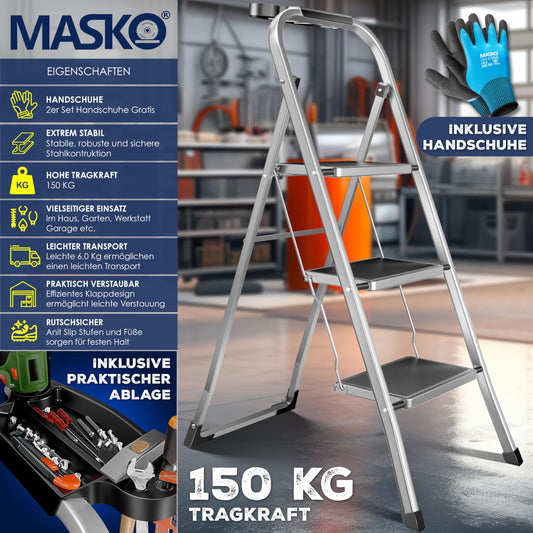 MASKO® Folding Step Ladder 3 Step ladder Step Ladder loadable up to 150 kg | Step Stool Anti-Slip | Folding Step Stool with Gloves, Tool Tray & Automatic Lock, Gray