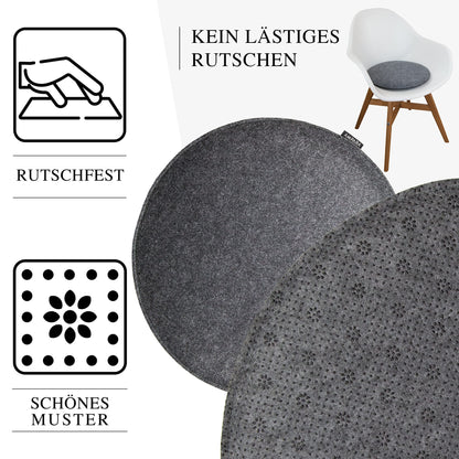 Ampara - Set of 4 - Elegant round chair cushions 40cm - non-slip & comfortable, round felt seat cushions, grey