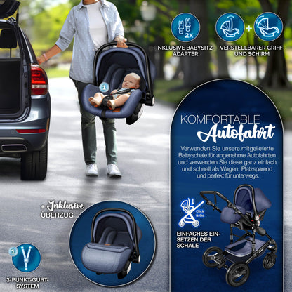 KIDUKU® 3 in 1 stroller XXL complete set | Combination stroller set including baby tub, buggy seat & car baby seat footmuff | solid rubber tires changing bag hand warmer rain cover child table ECE R129