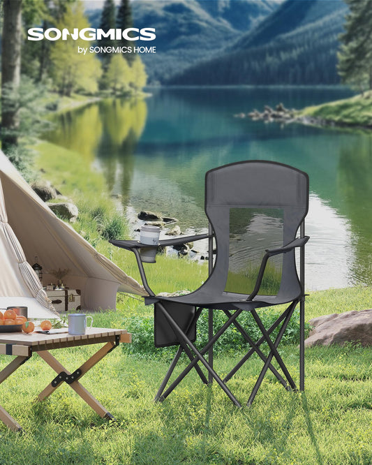 SONGMICS 2-pack camping chair, foldable outdoor chair, fishing chair, high backrest, adjustable armrests, drink holder, up to 150 kg load capacity, camping garden, slate grey GCB028G01