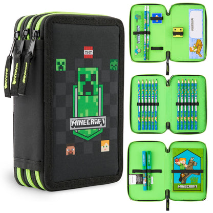 Minecraft pencil case for boys and girls filled with Creeper stationery, gamer gifts for kids and teenagers. (Black AOP)