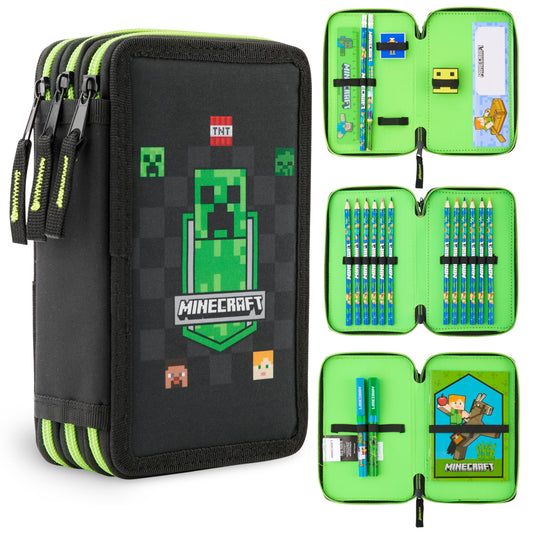 Minecraft pencil case for boys and girls filled with Creeper stationery, gamer gifts for kids and teenagers. (Black AOP)