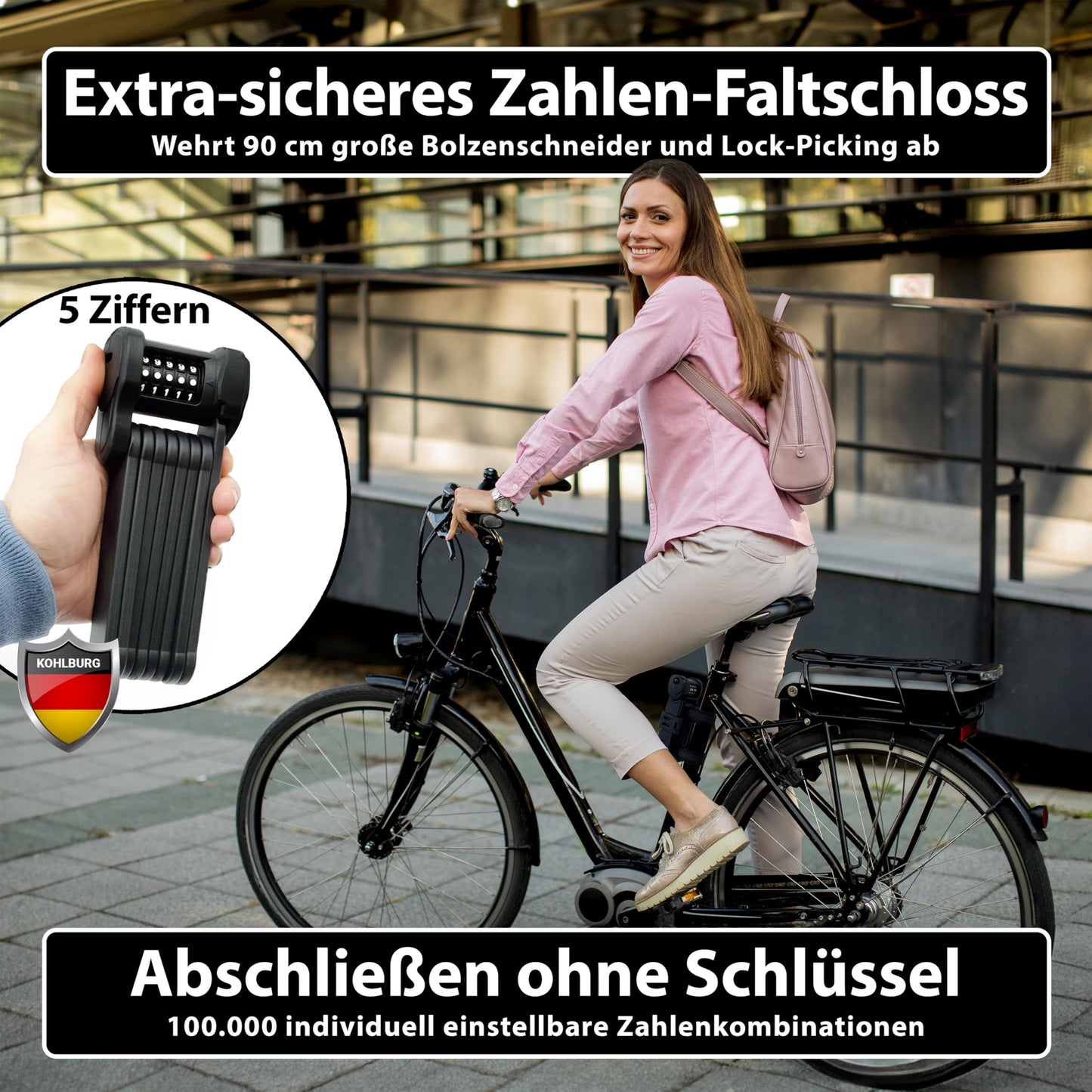 KOHLBURG bike lock combination lock with 5-digit code [bolt-cutter resistant, 101 cm long] folding lock type Vienna with bracket high security - bike lock for e-scooters, e-bikes & bikes