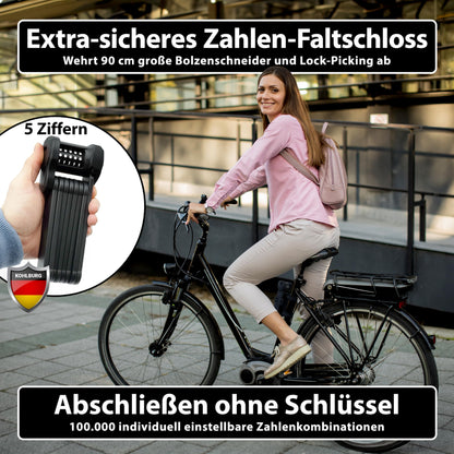 KOHLBURG bike lock combination lock with 5-digit code [bolt-cutter resistant, 101 cm long] folding lock type Vienna with bracket high security - bike lock for e-scooters, e-bikes & bikes