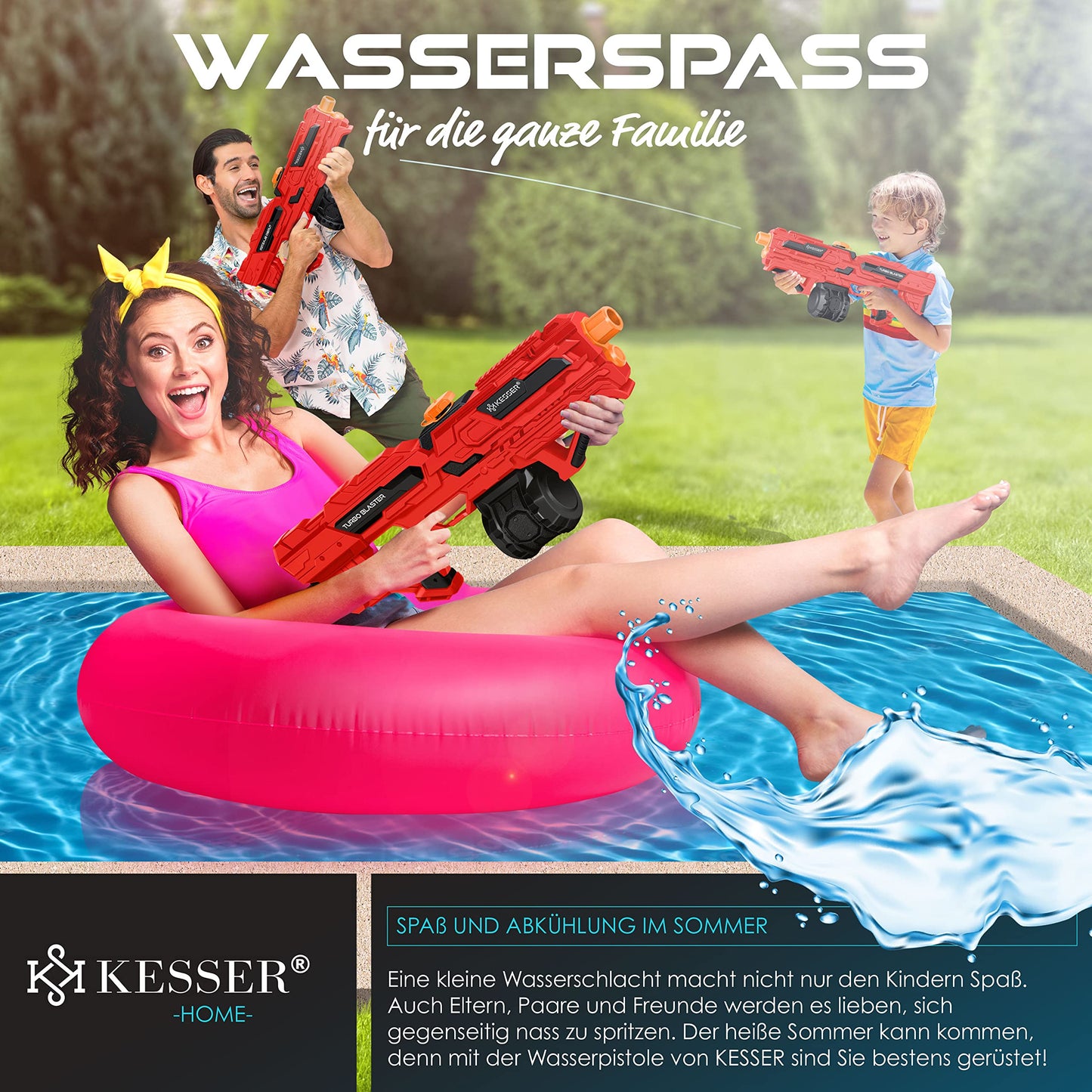 KESSER® Electric Water Gun with Battery, 1000 ml Large Water Blaster for Kids and Adults, 8m Range, Water Toy with Battery, Charging Cable & Extra Tank Red/Black