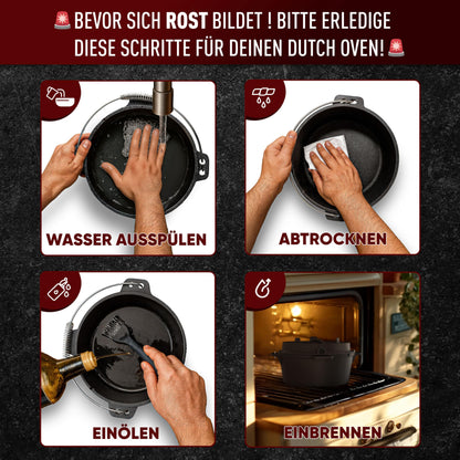 GUSSKÖNIG Dutch Oven Set - Seasoned Dutch Oven 7 Liter - Cast Iron Campfire Pot with Legs - Dual Function Dutch Oven Casserole - includes 2in1 Lid Lifter, Brush & Dutch Oven Recipe Book [for 3-6 People]